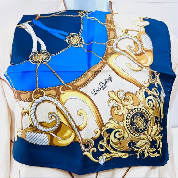 New Unused Louis Quatorze Paris 100% Silk Satin 27" Blue Beige Gold Logo (52) - Picture 3 of 6